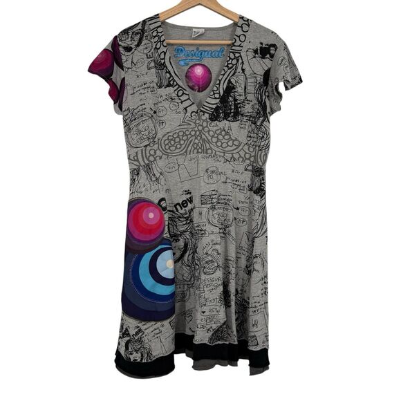 Desigual Women's Graphic Print Jersey Dress Size XL Gray Multicolor Artsy - Picture 1 of 7